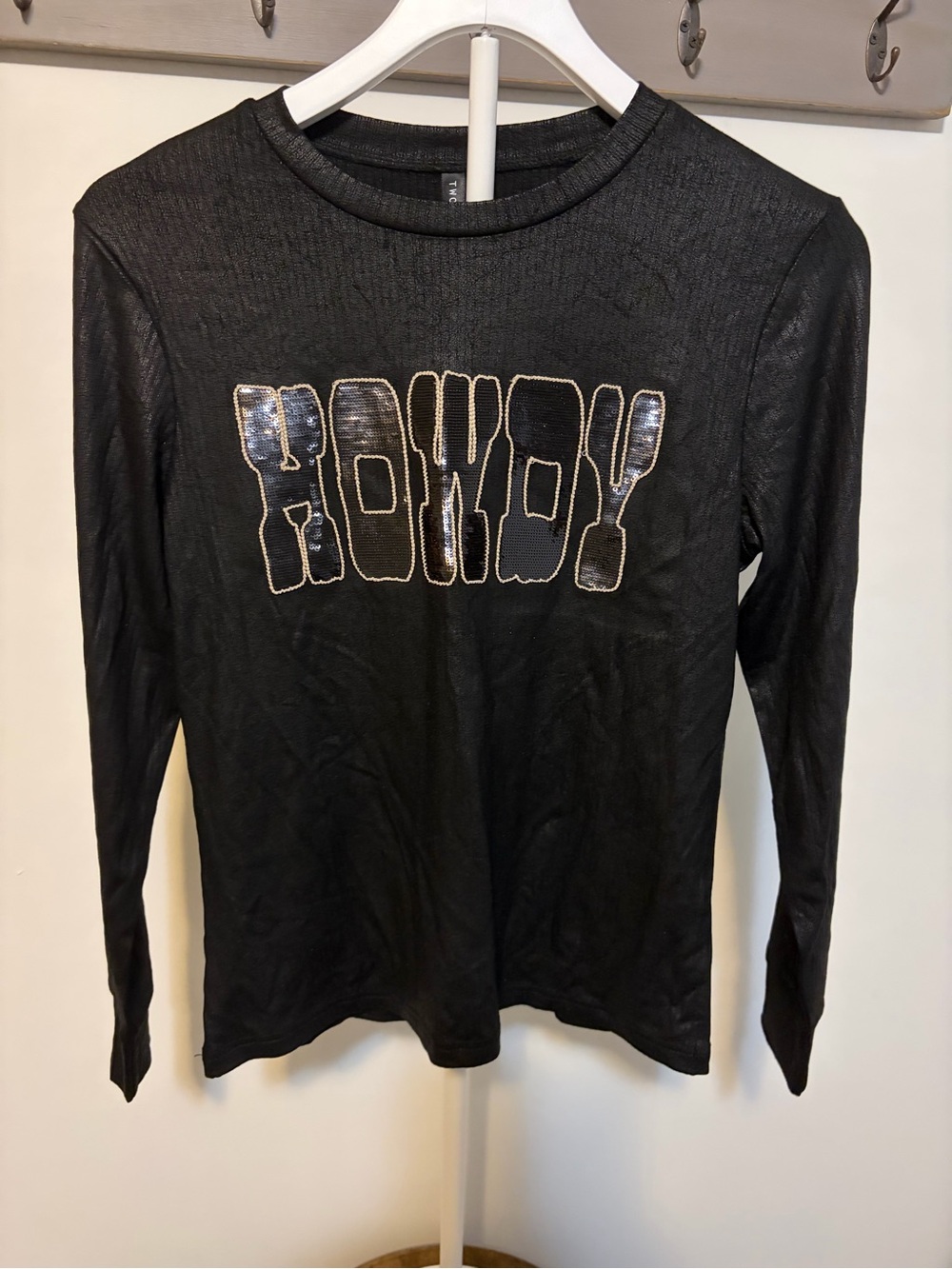 New Black Long-Sleeve Top with 'HOWDY' Sequin Appliqué
